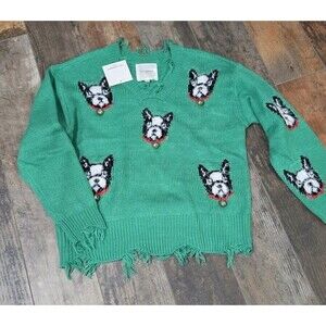 No Comment Girls Boston Terrier Bell Green Ugly Sweater Large (14) NWT B9